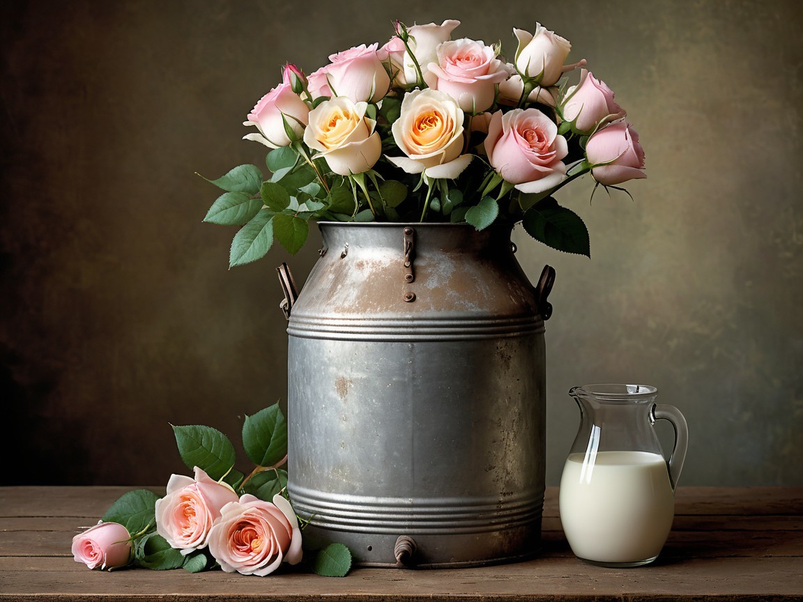 Vintage Milk Can with Pink and Cream Roses Arrangement