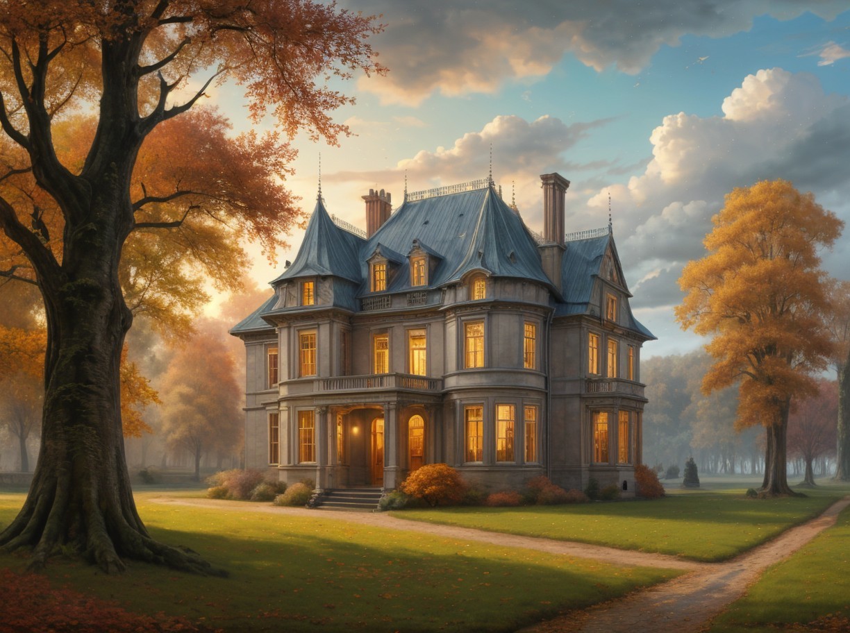 Victorian Mansion Surrounded by Autumn Trees