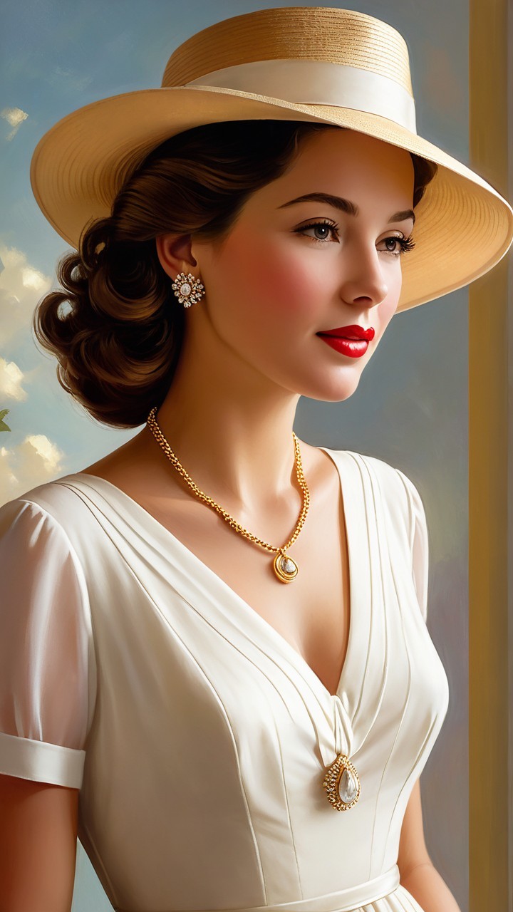 Elegant Woman in Vintage White Dress and Straw Hat