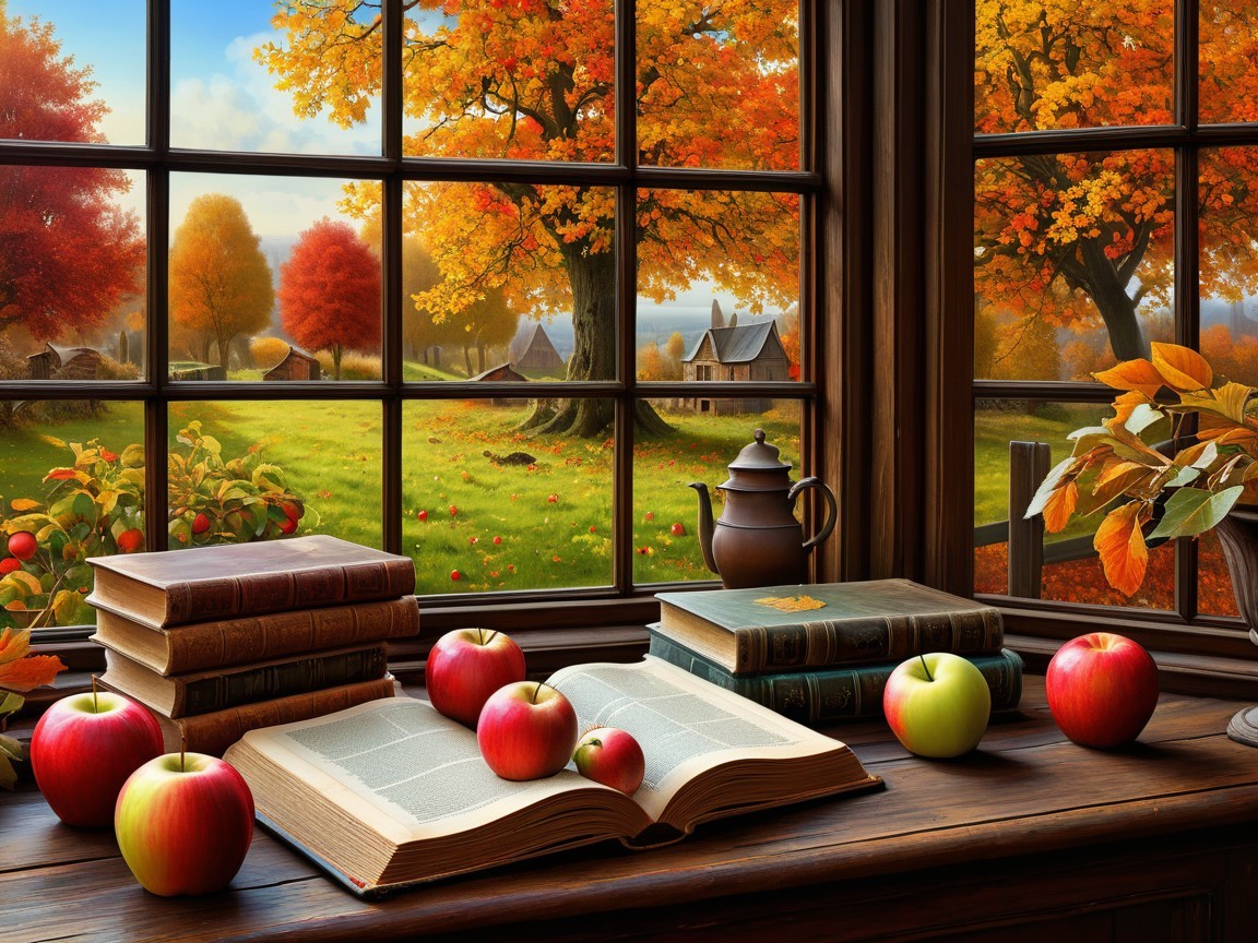 Cozy Indoor Scene with Autumn Landscape View
