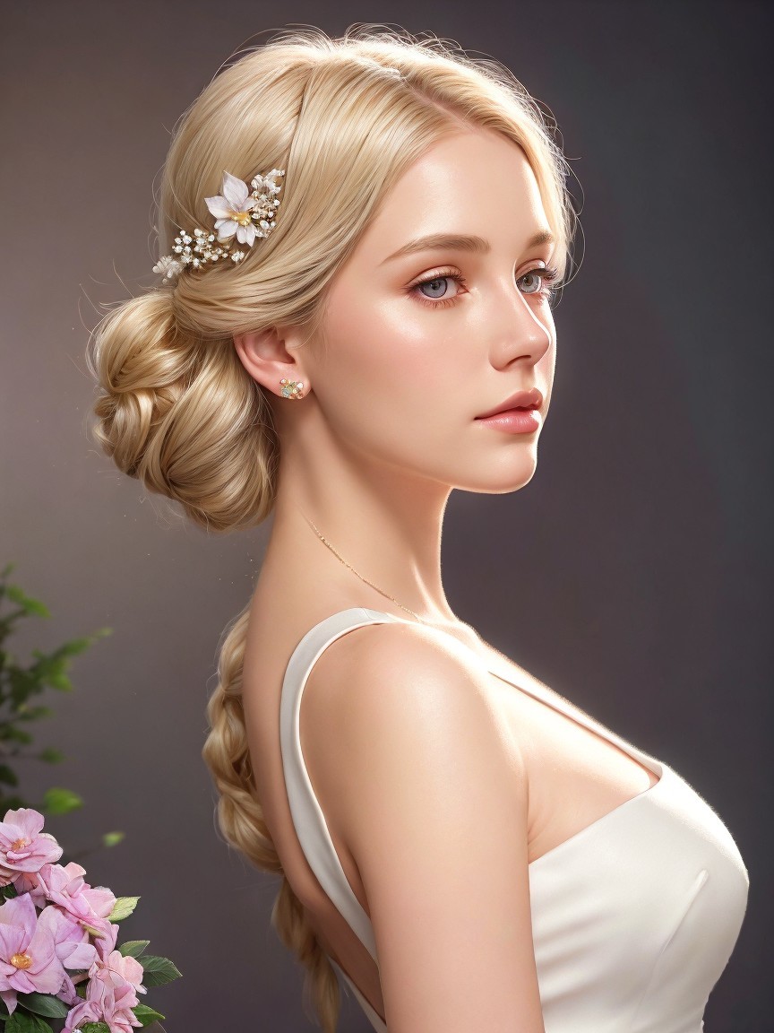 Young woman in elegant floral hairpin and white dress