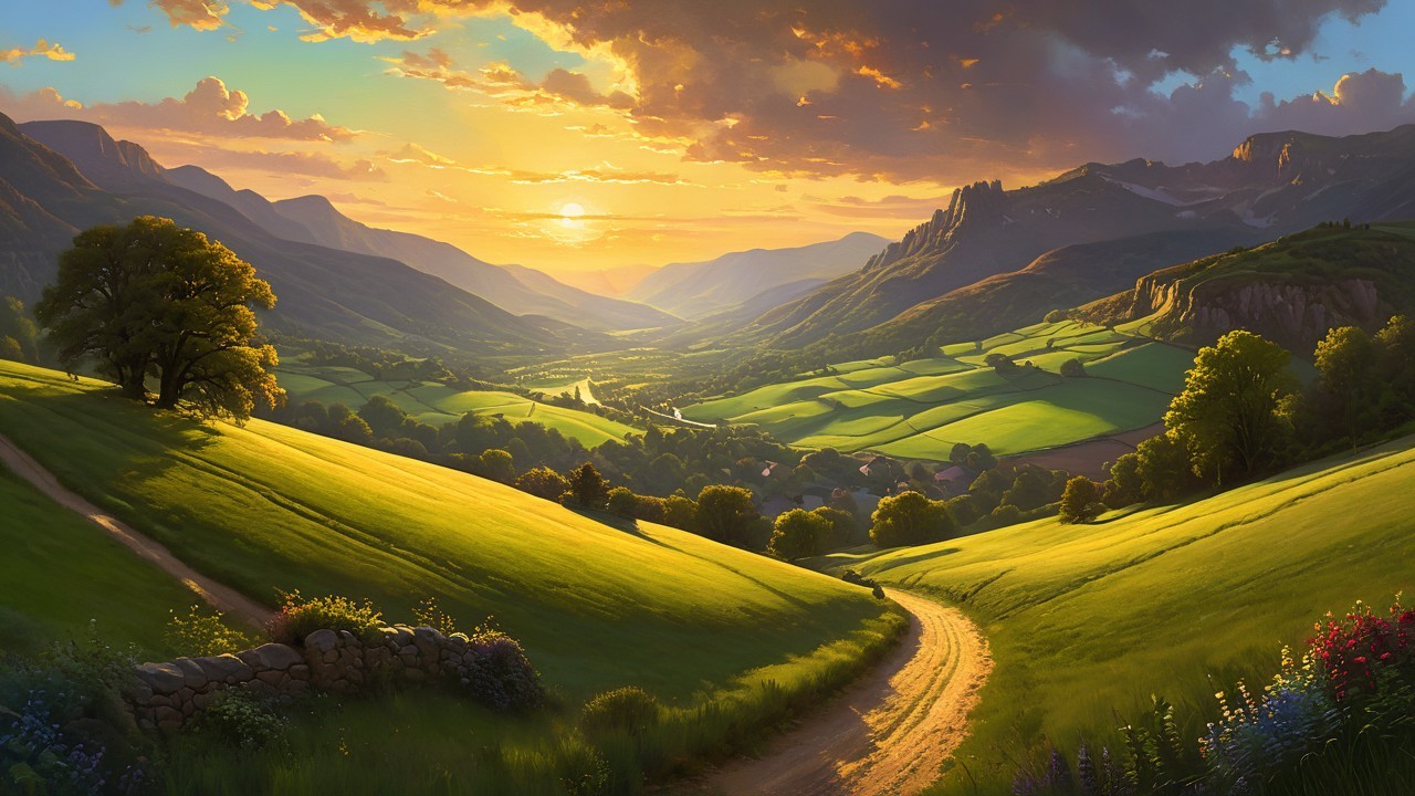 Sunset Landscape with Green Hills and Majestic Mountains