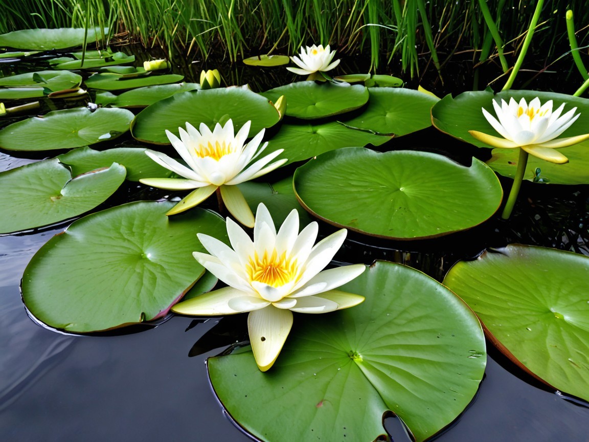 Serene pond with white water lilies and lush greenery