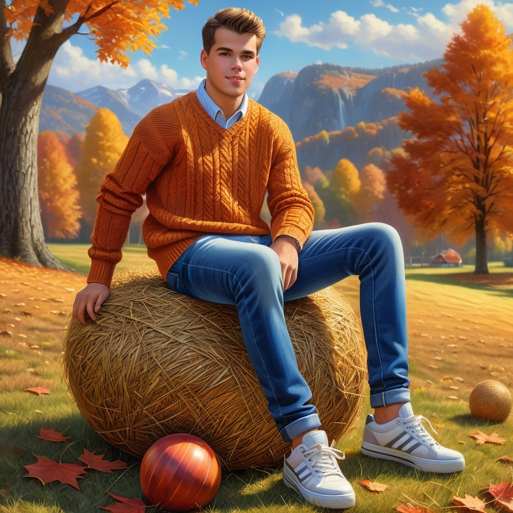 Young man in orange sweater on hay bale in autumn landscape