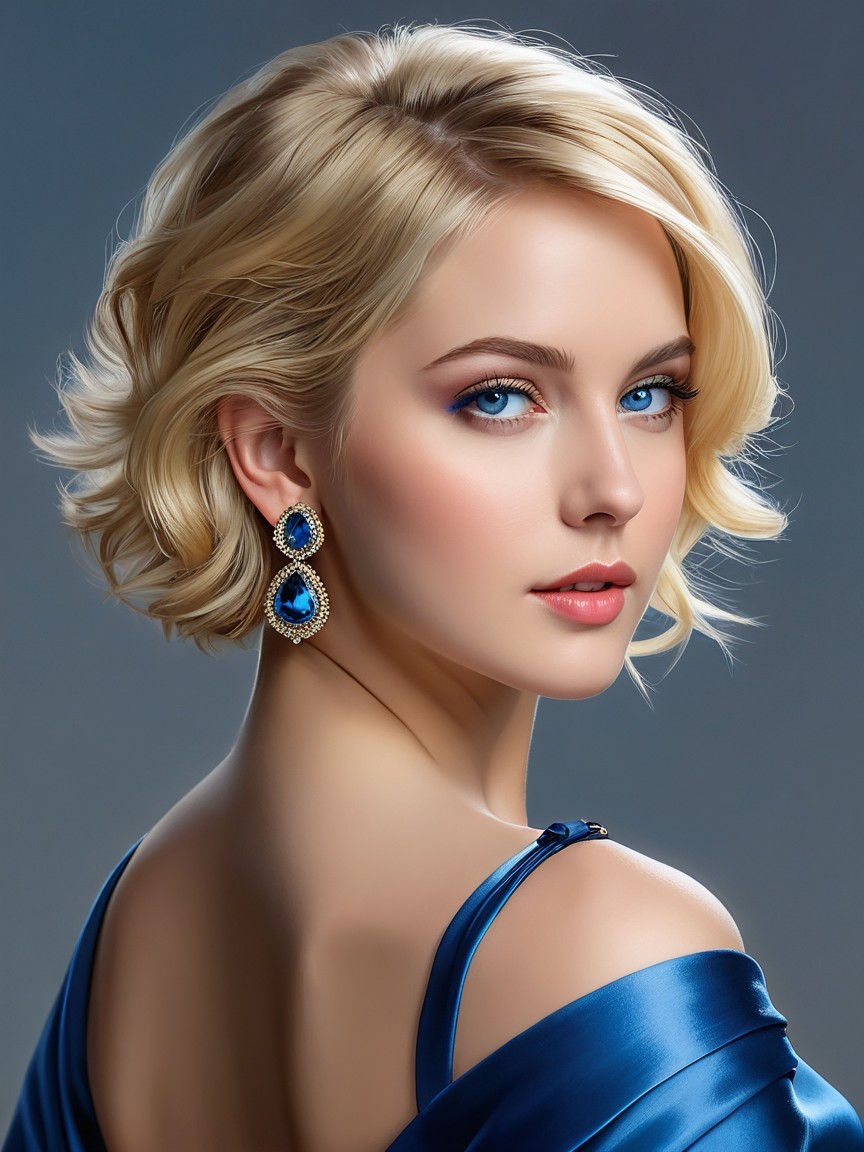 Young woman in blue dress with elegant features