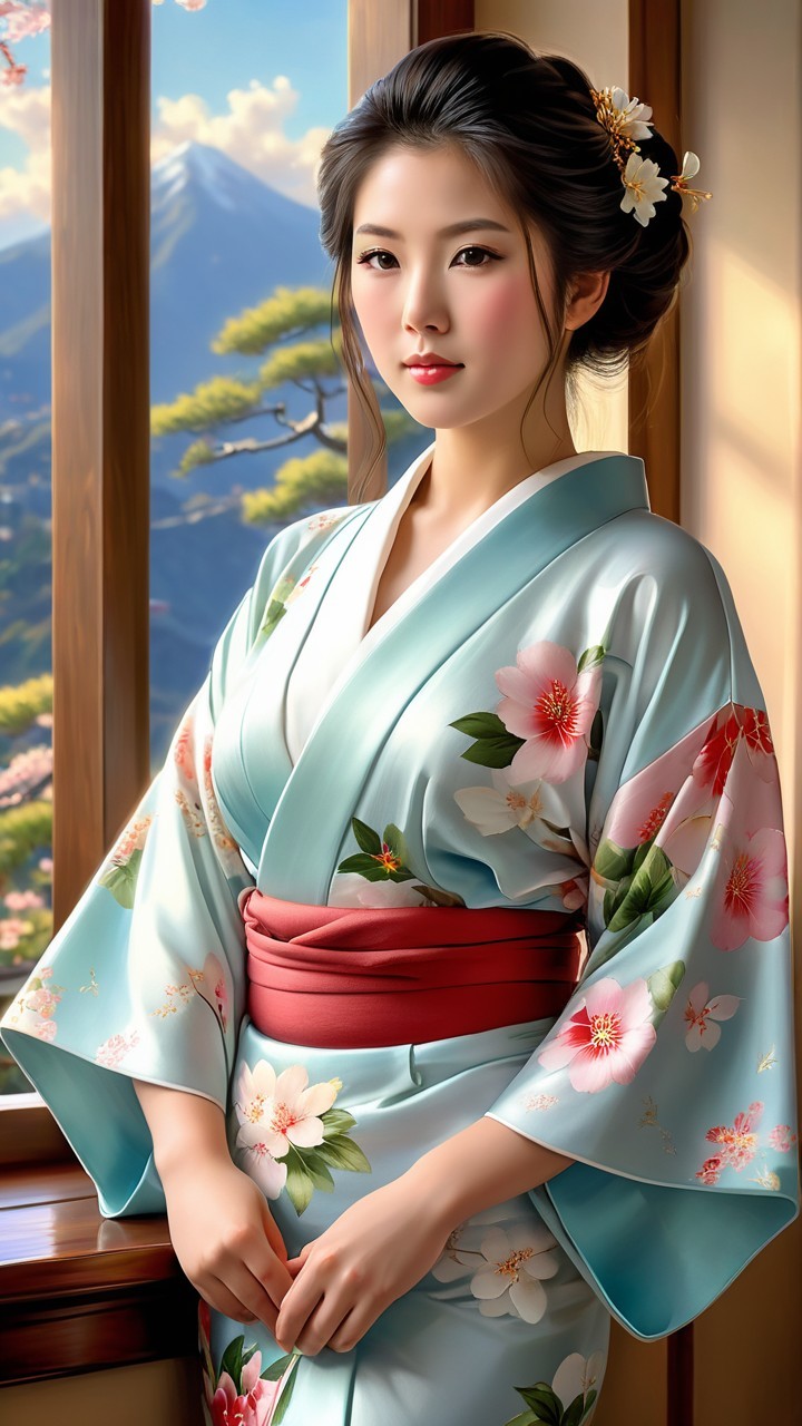 Young Woman in Kimono in Sunlit Room with Landscape