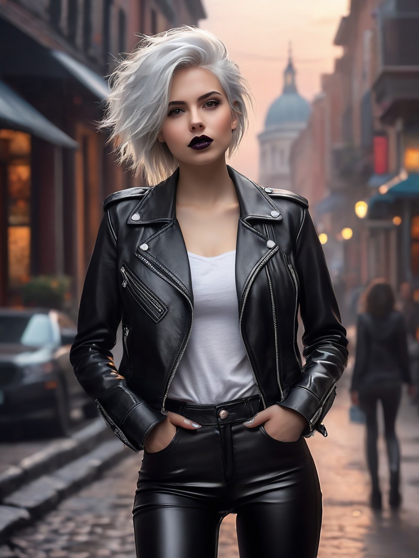 Young Woman in Leather Jacket on Cobblestone Street