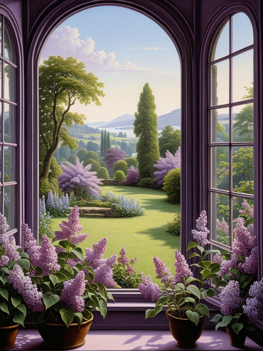 Ornate Window View of Lush Garden and Rolling Hills