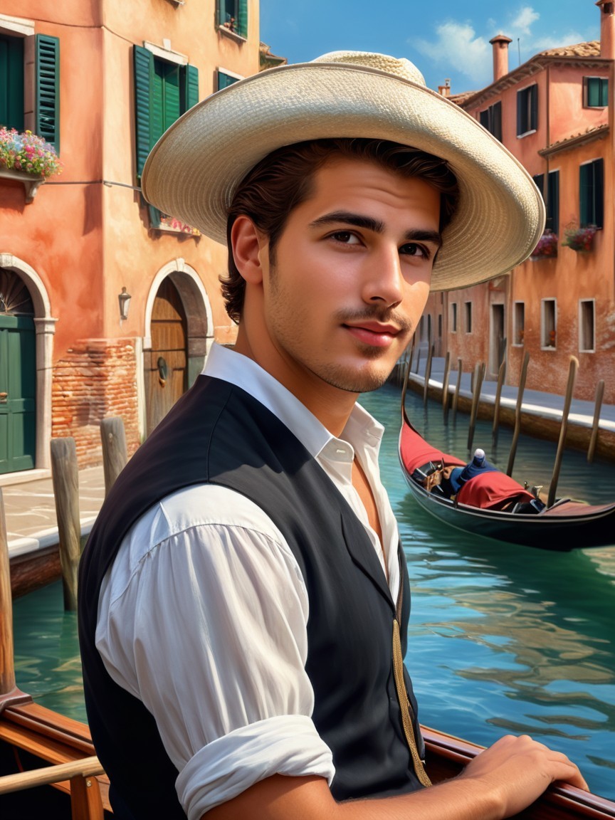 Young Man by Serene Canal with Colorful Buildings