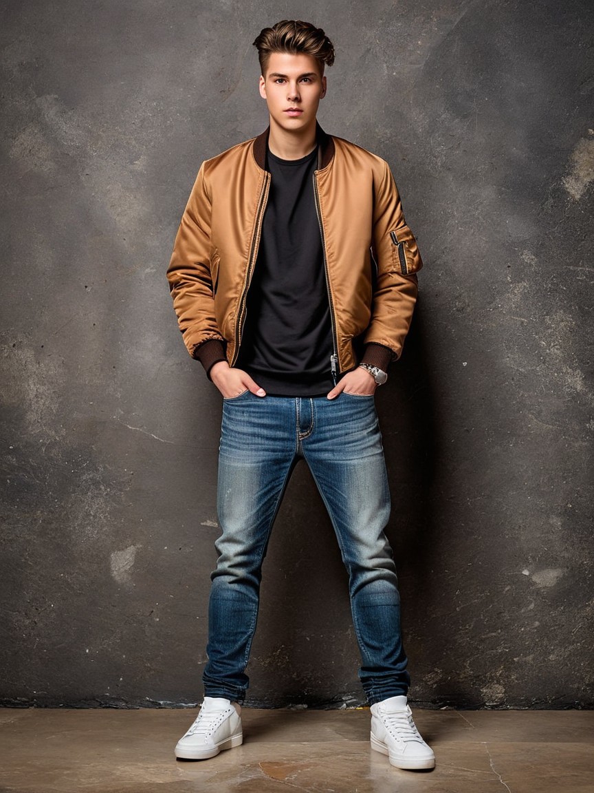 Young man in stylish bomber jacket against gray wall