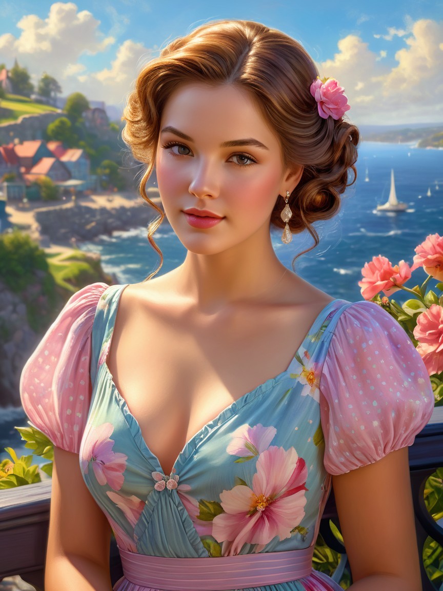 Young woman in pastel dress by a coastal scene