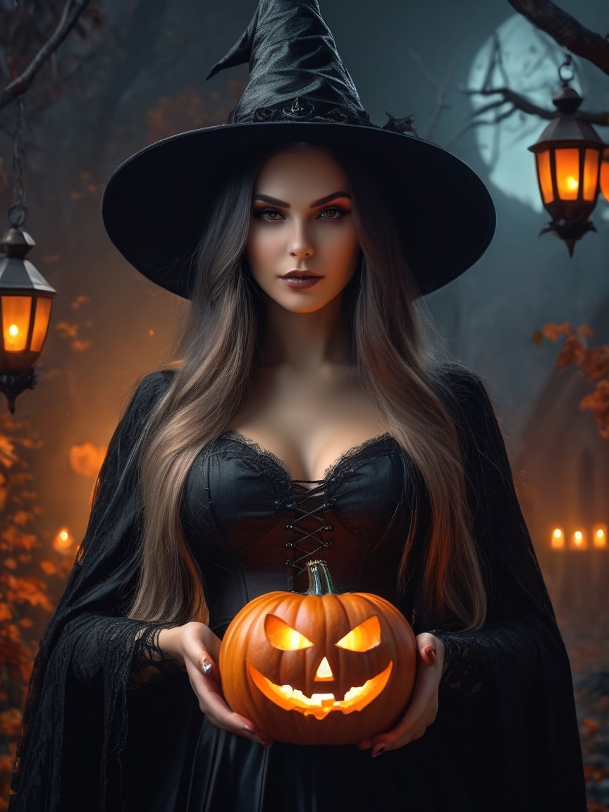 Witch in Autumn Setting with Carved Pumpkin and Lanterns
