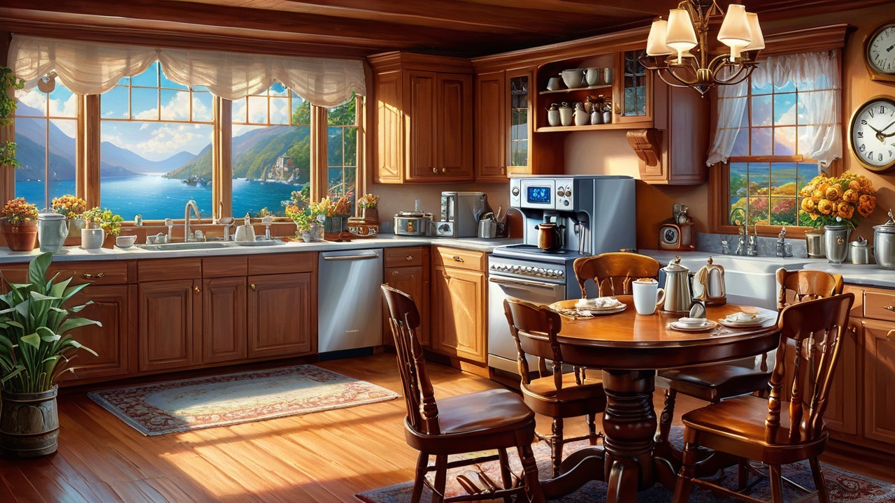 Cozy kitchen with wooden cabinetry and scenic views