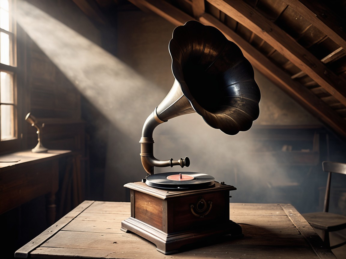 Antique Gramophone on Rustic Table in Dim Attic