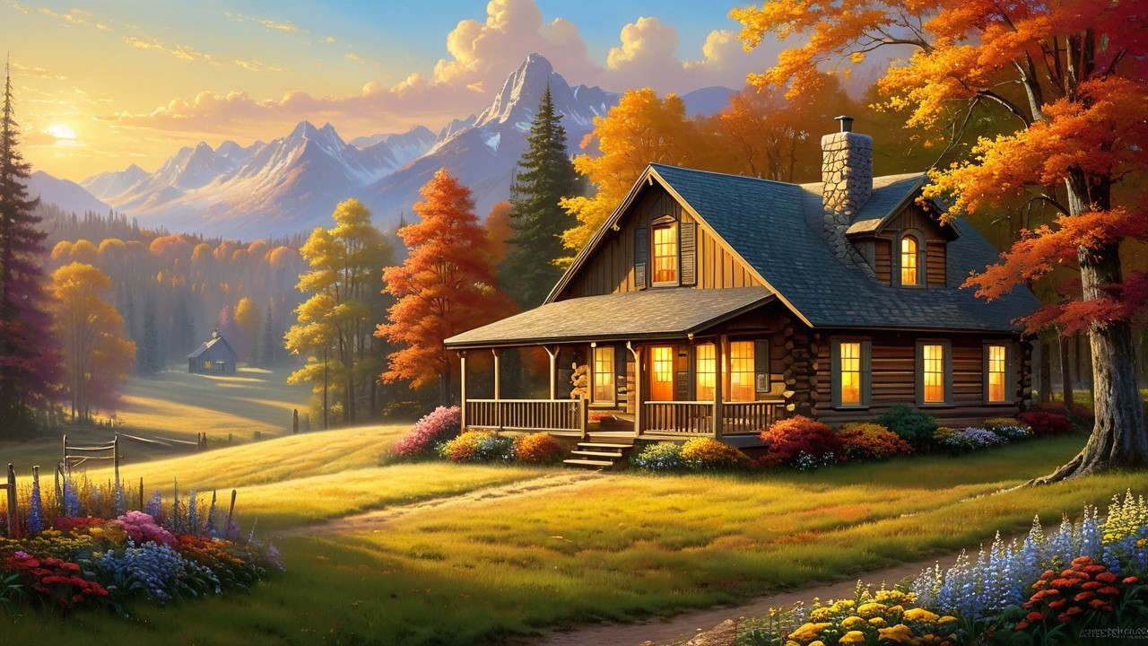 Cozy Wooden Cabin in Vibrant Autumn Landscape