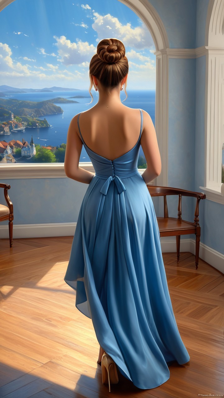 Elegant Woman in Blue Dress by Coastal Window View