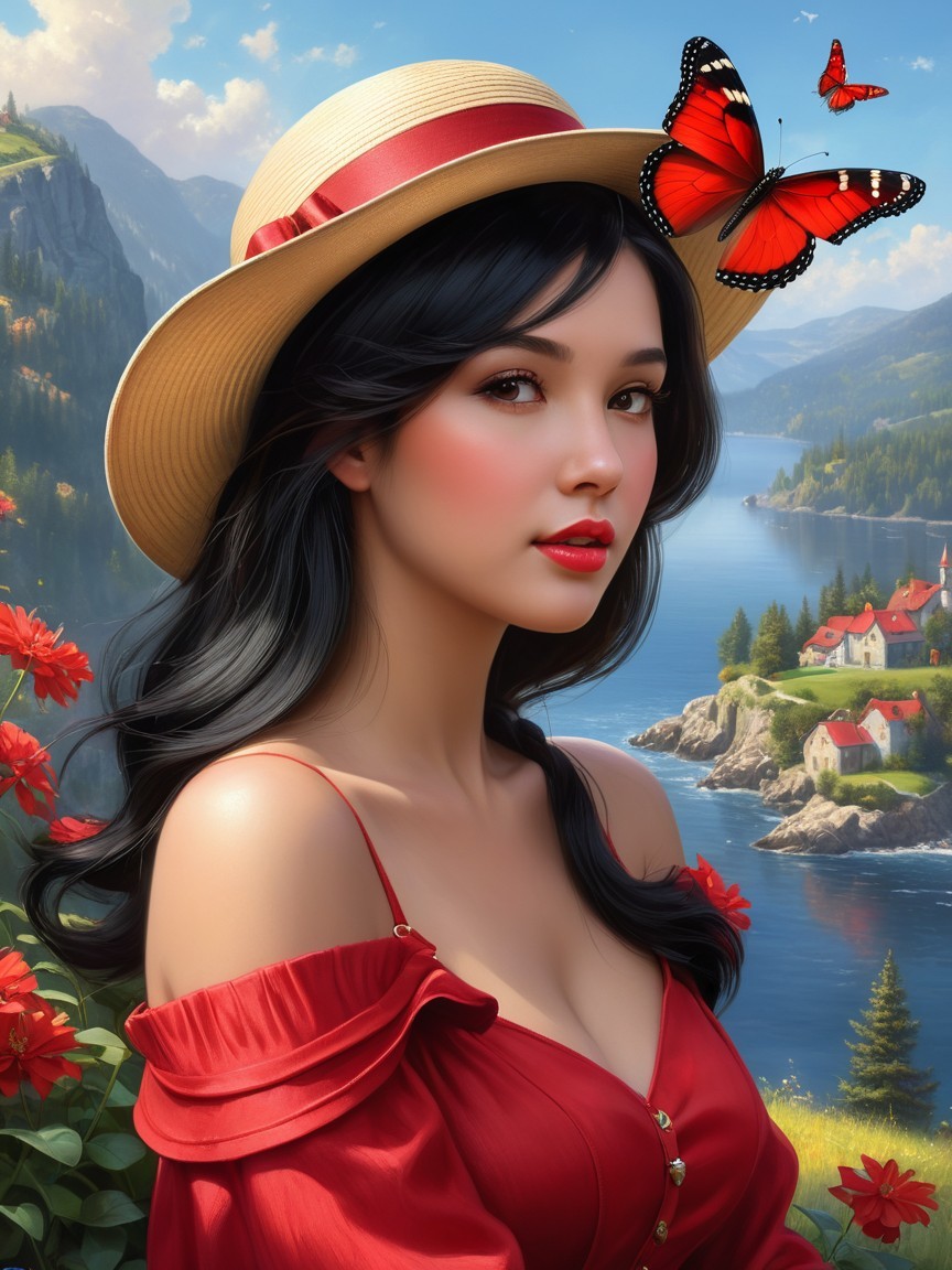 Young Woman in Red Dress Surrounded by Nature