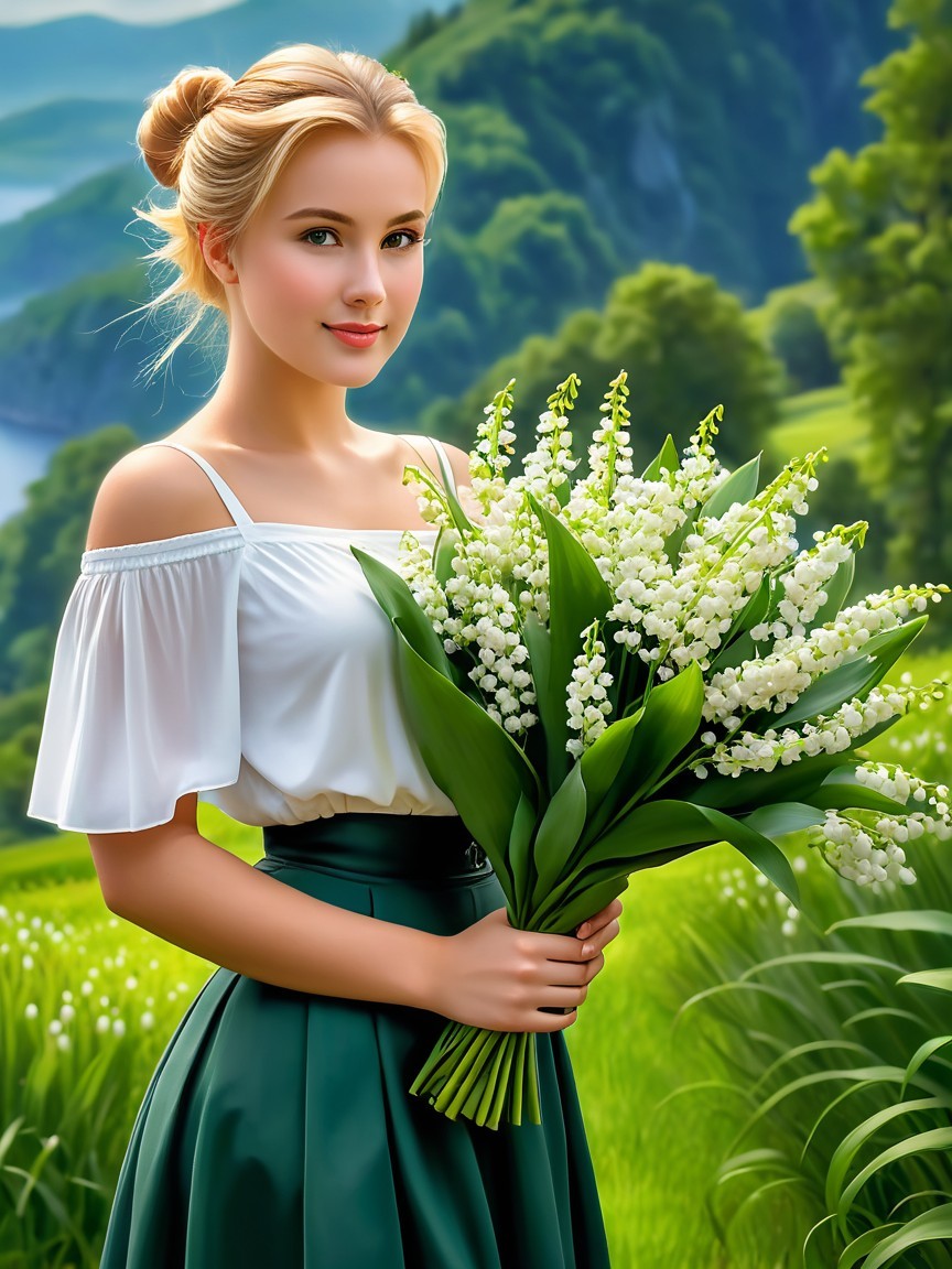 Young woman in green landscape with white lilies