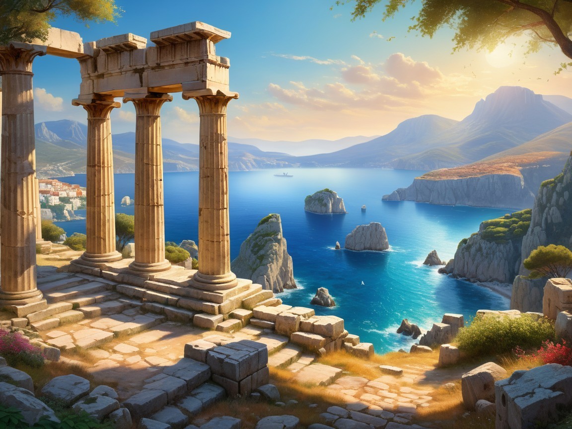 Ancient Columns Overlooking Serene Coastal Landscape