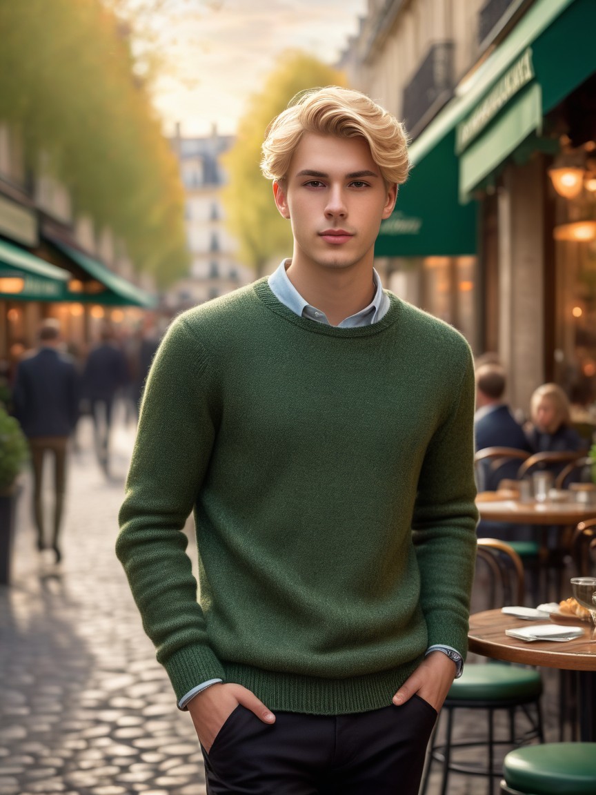Young man in stylish attire on Parisian street at sunset