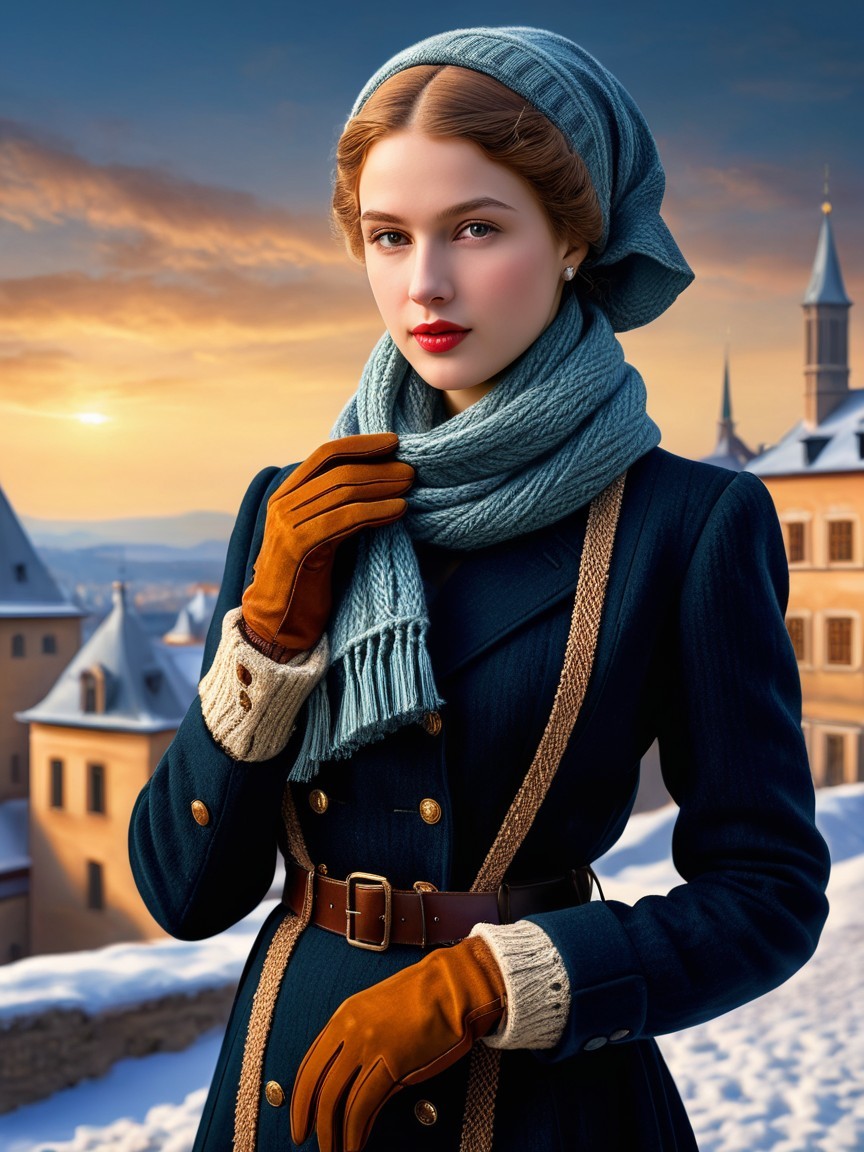 Young Woman in Vintage Navy Coat Against Snowy Background