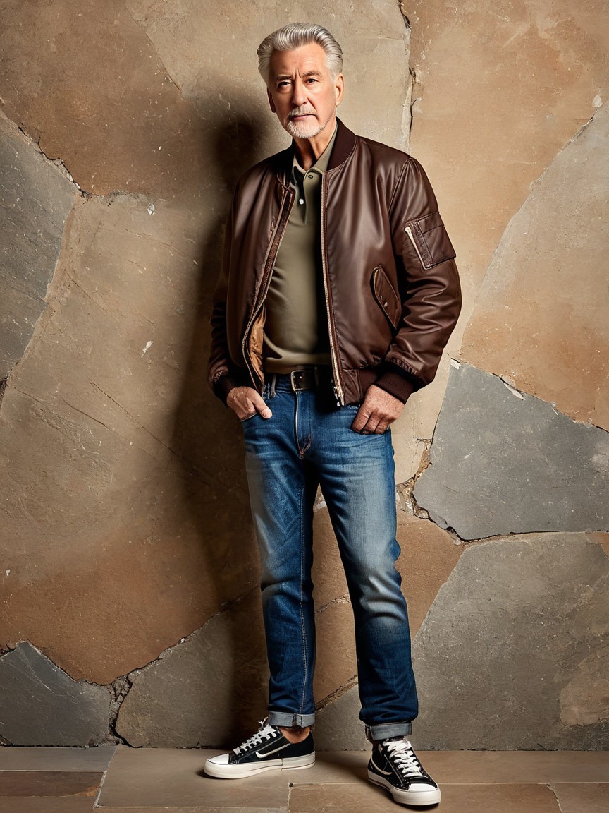 Stylish Older Man in Brown Bomber Jacket and Jeans