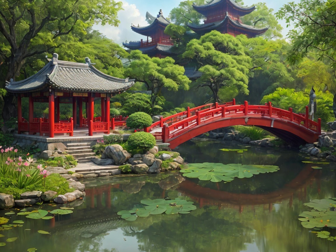 Traditional Chinese Garden with Red Bridge and Pagoda
