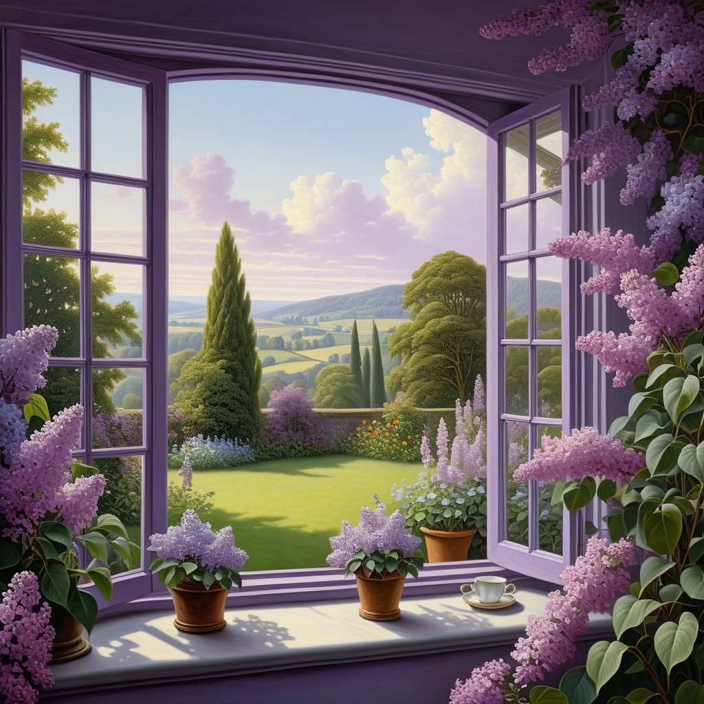 Serene Garden View from Lavender Window Frame