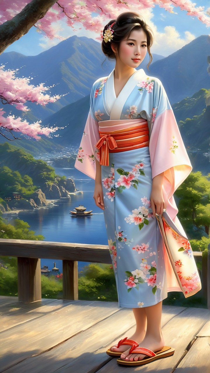 Young Woman in Kimono on Balcony with Cherry Blossoms