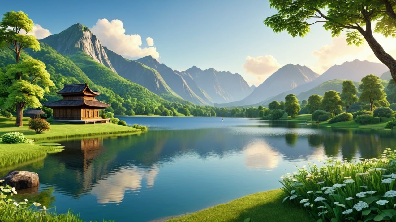 Serene landscape with lake, mountains, and pagoda