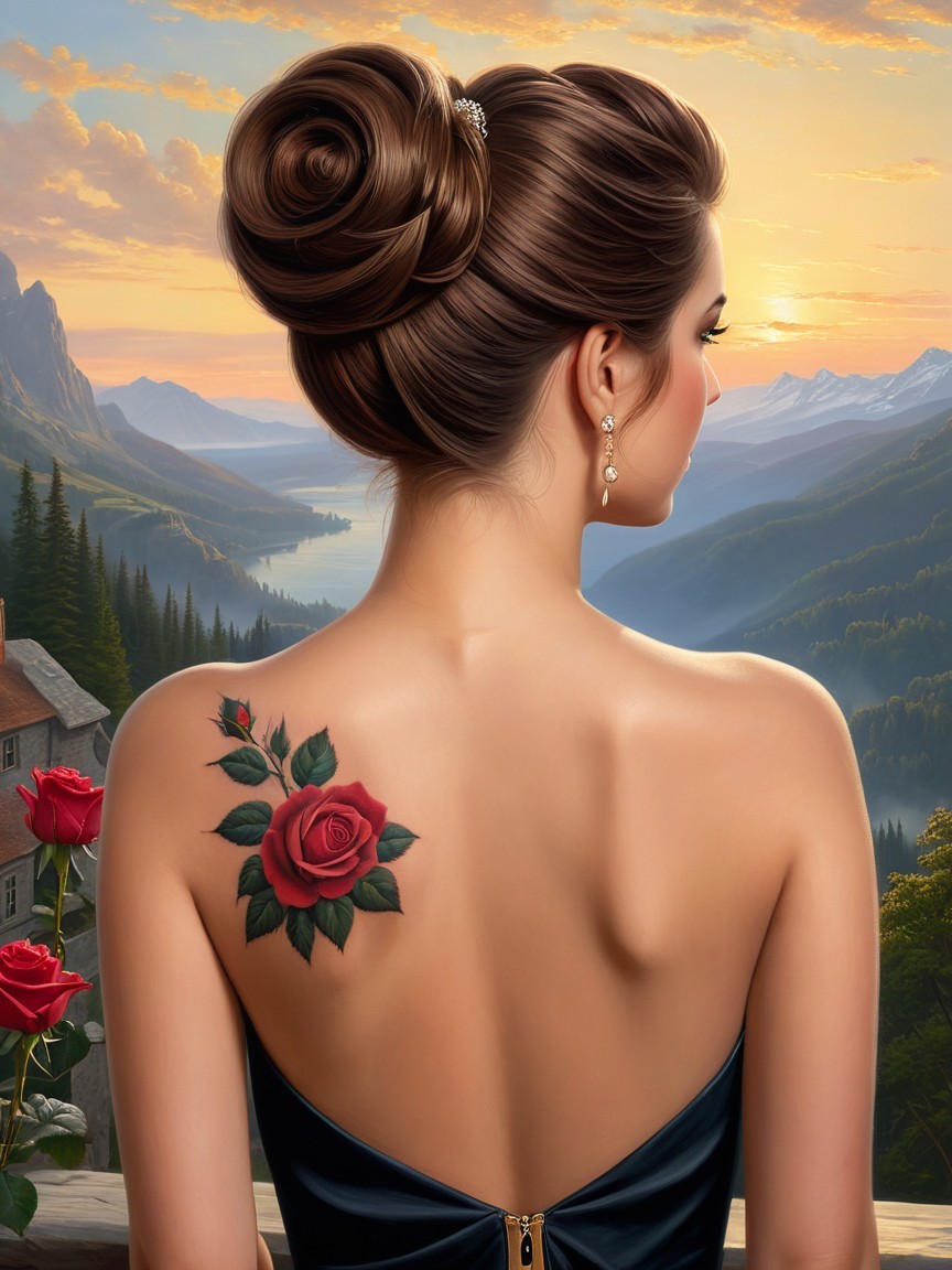 Elegant Woman with Rose Tattoo at Sunset Landscape