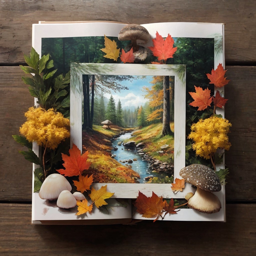Open Book Featuring Autumn Forest Scene and Leaves