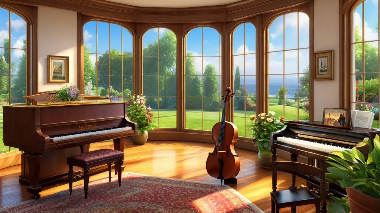 Sunlit Room with Grand Piano and Scenic Garden View