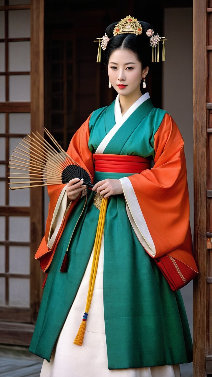 Elegant Woman in Traditional Hanbok with Decorative Fan