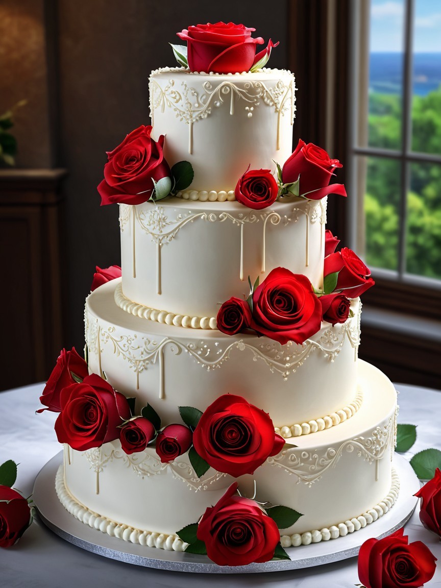Three-Tier Wedding Cake with Lace and Roses