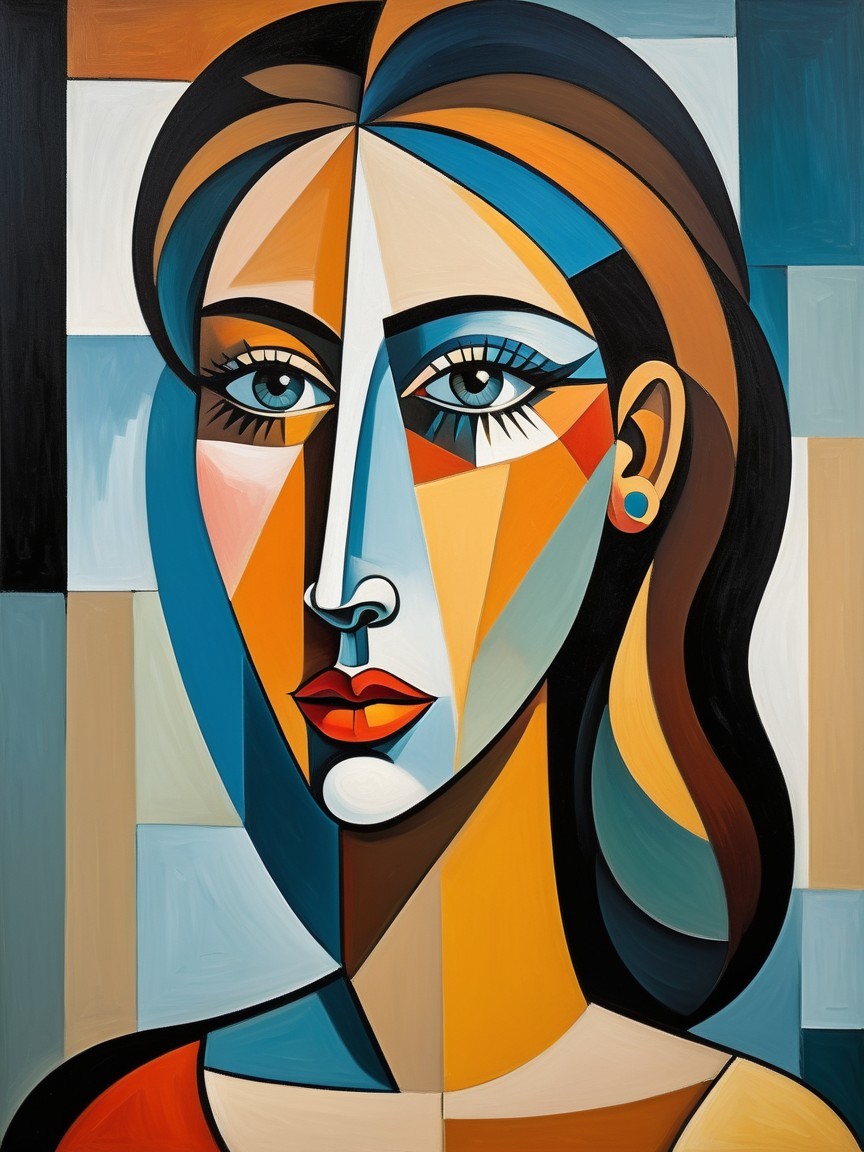 Portrait of a Woman with Angular Features and Bold Colors