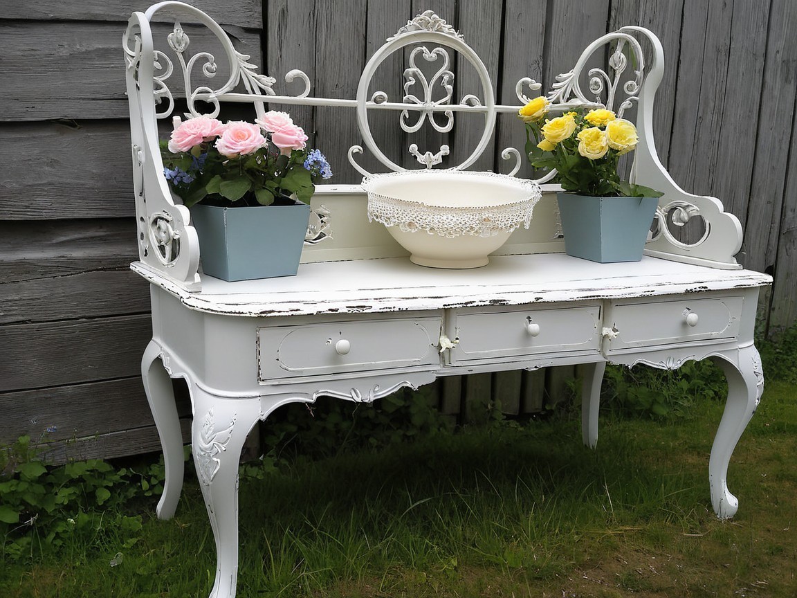 Vintage bench with ornate backrest and flower pots