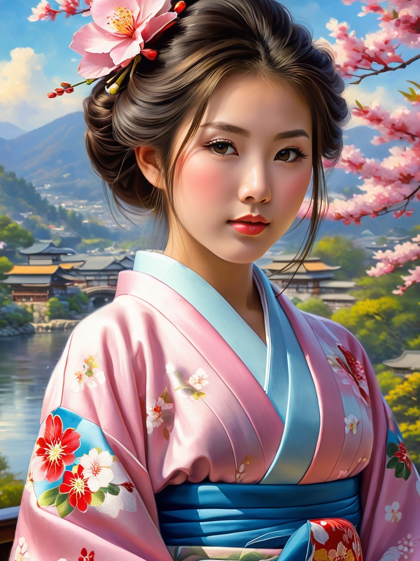 Young Woman in Pink Kimono Amid Cherry Blossoms
