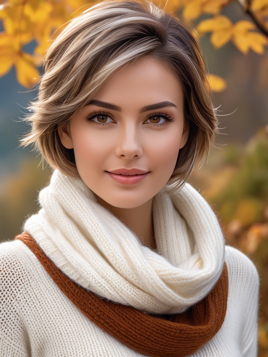 Young woman in cozy sweater amidst autumn foliage
