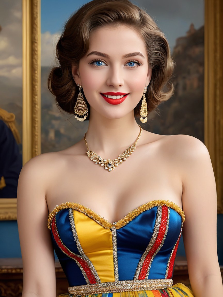 Elegant Woman in Vibrant Strapless Gown with Accessories
