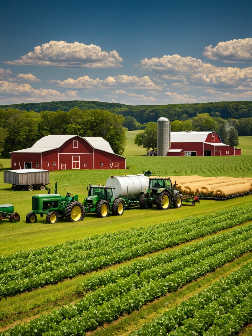 Vibrant Farm Scene with Tractors and Barn in Hills