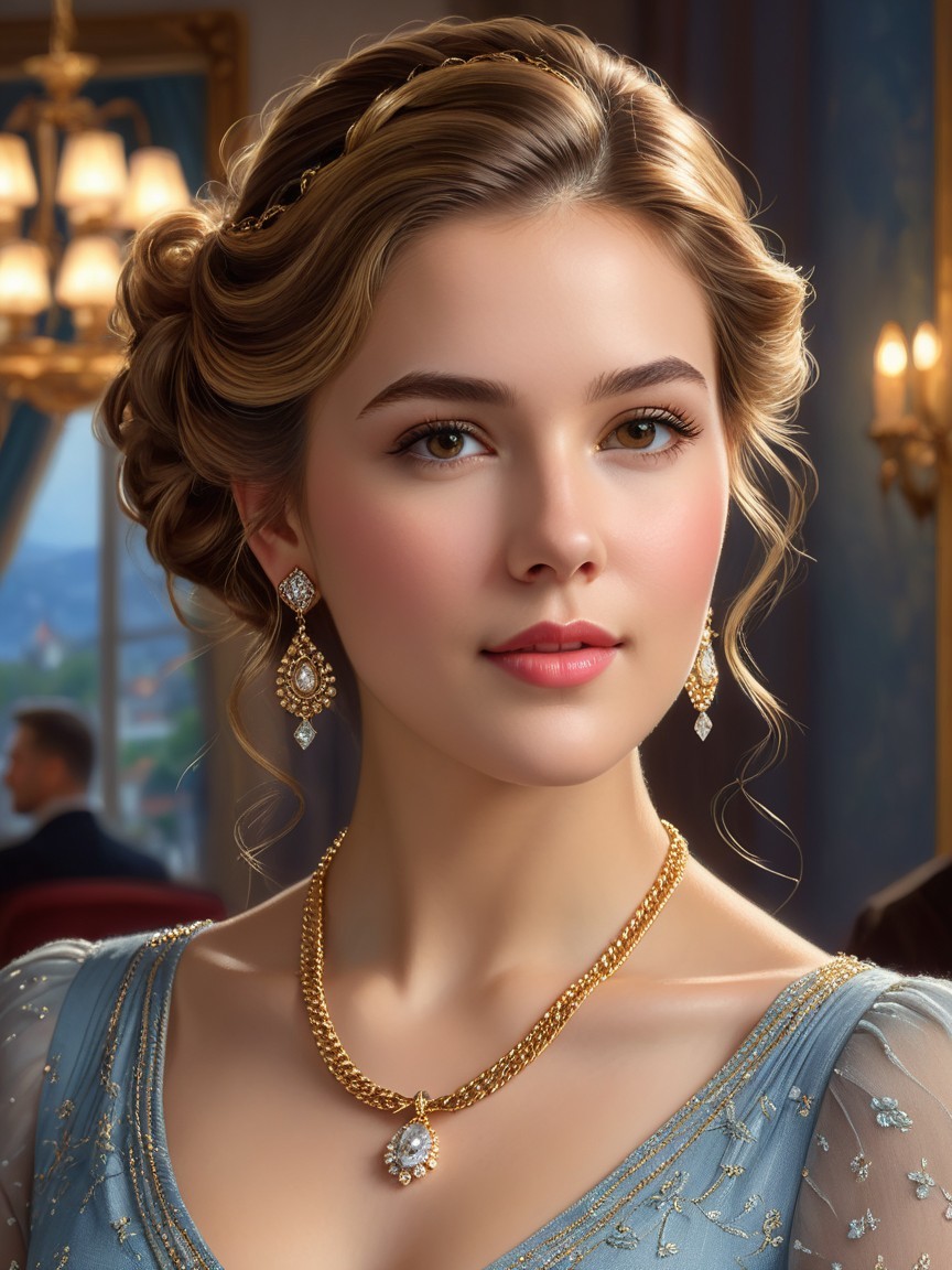 Elegant Young Woman in Soft Blue Gown and Updo
