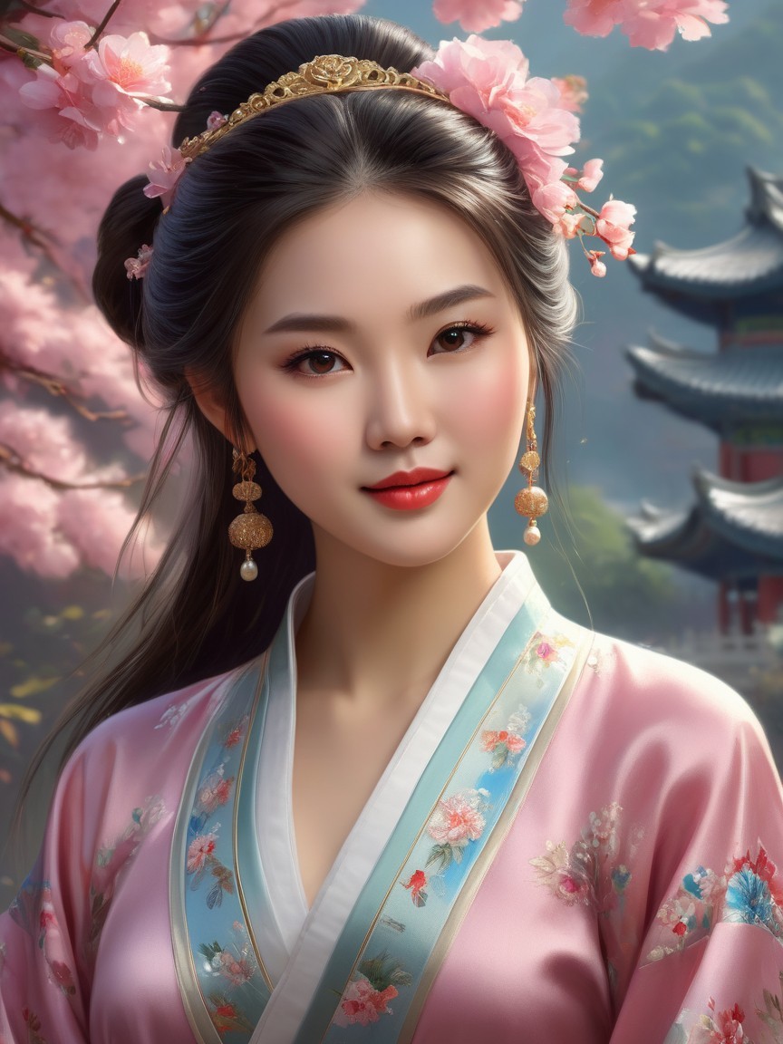 Serene Woman in Pastel Pink Robe Amid Cherry Blossoms