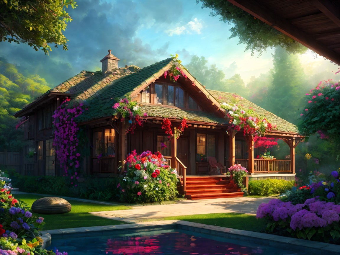 Wooden Cottage Surrounded by Lush Garden and Pool