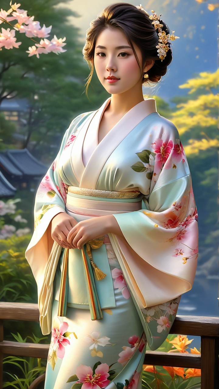 Young Woman in Floral Kimono in Serene Garden Setting