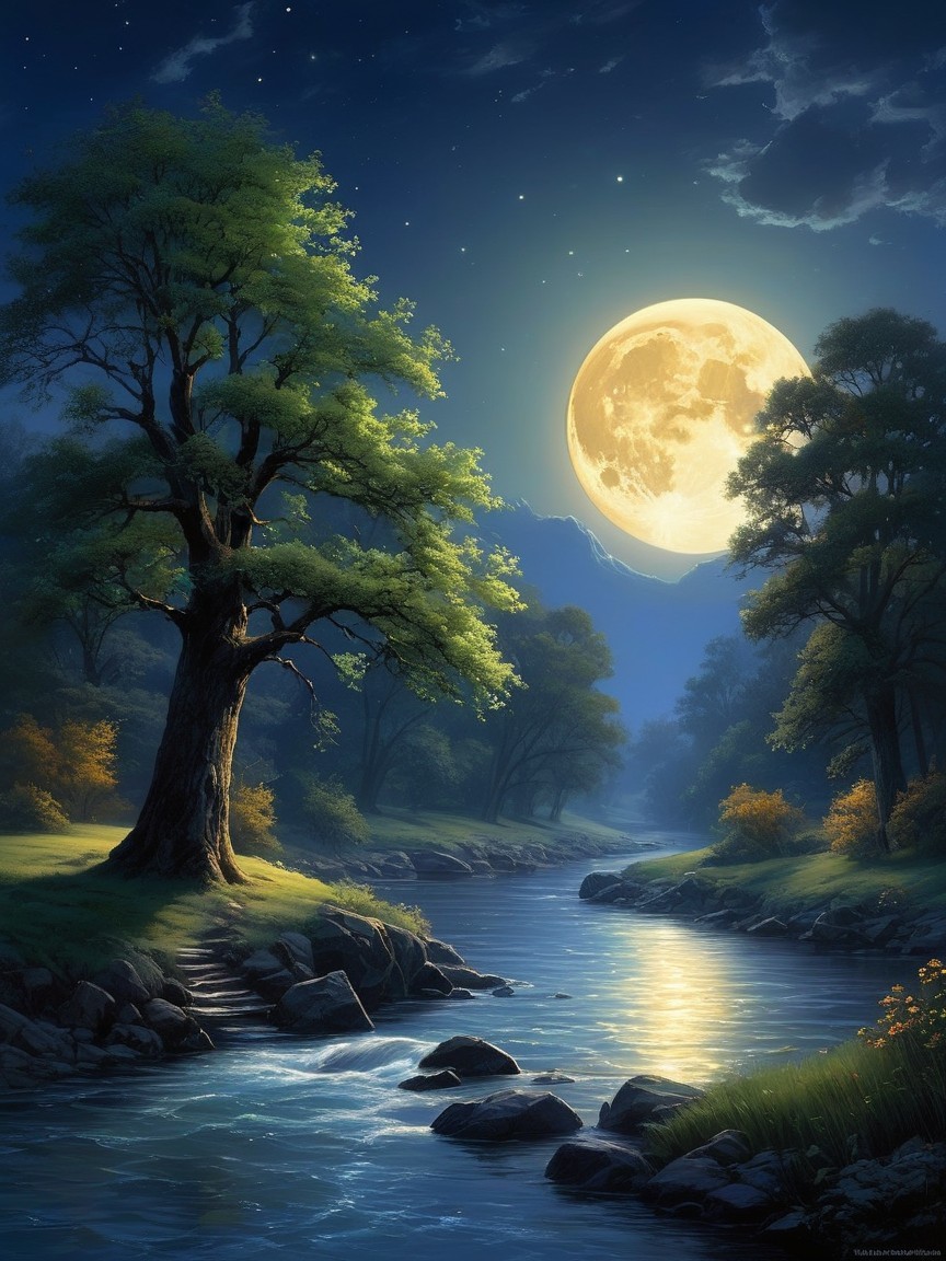 Serene Nighttime Landscape with Full Moon and River