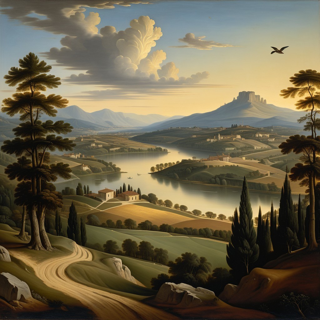 Serene landscape with winding road and tranquil river