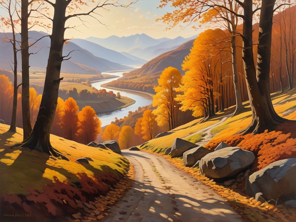 Serene Autumn Landscape with Winding River and Foliage