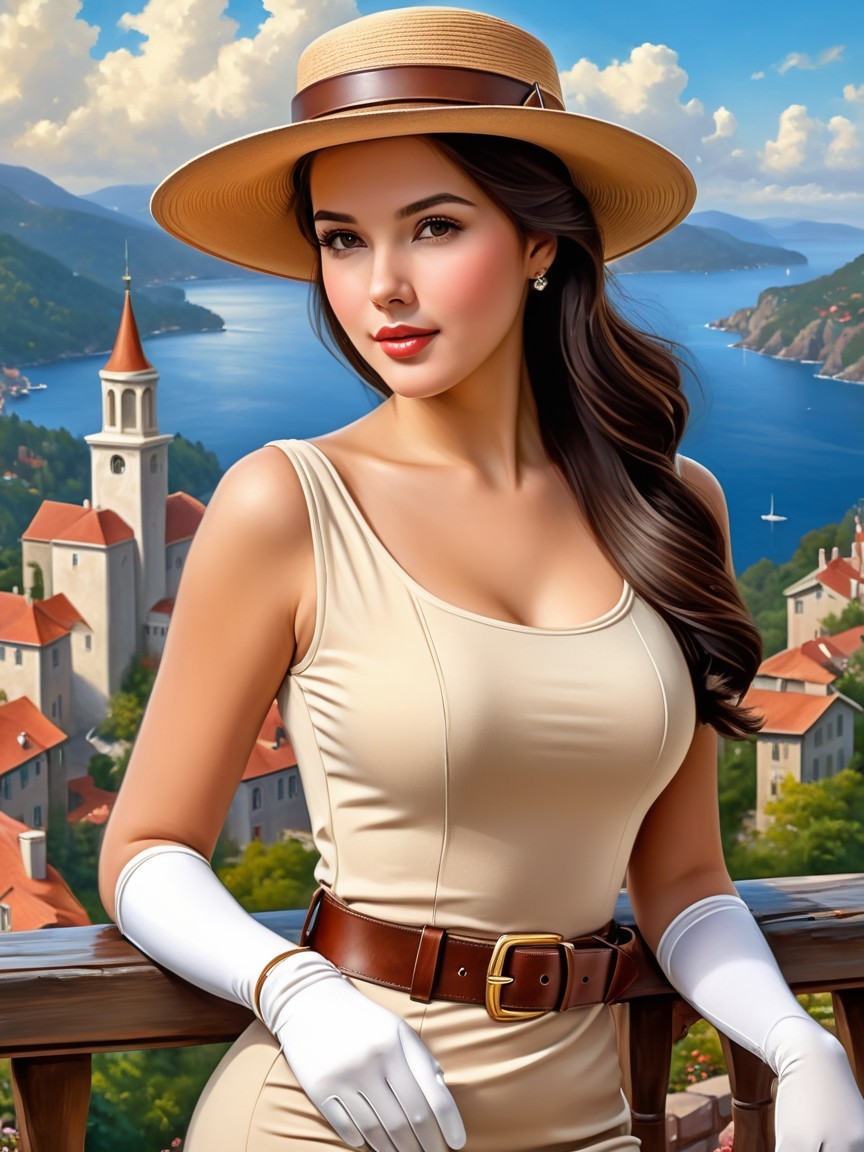 Elegant Woman in Cream Dress by Serene Lake and Village