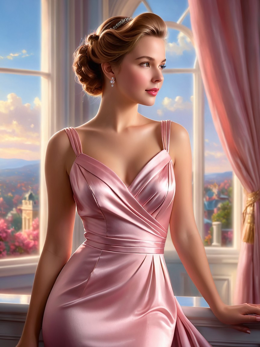 Elegant Woman in Pink Gown by Sunset Window